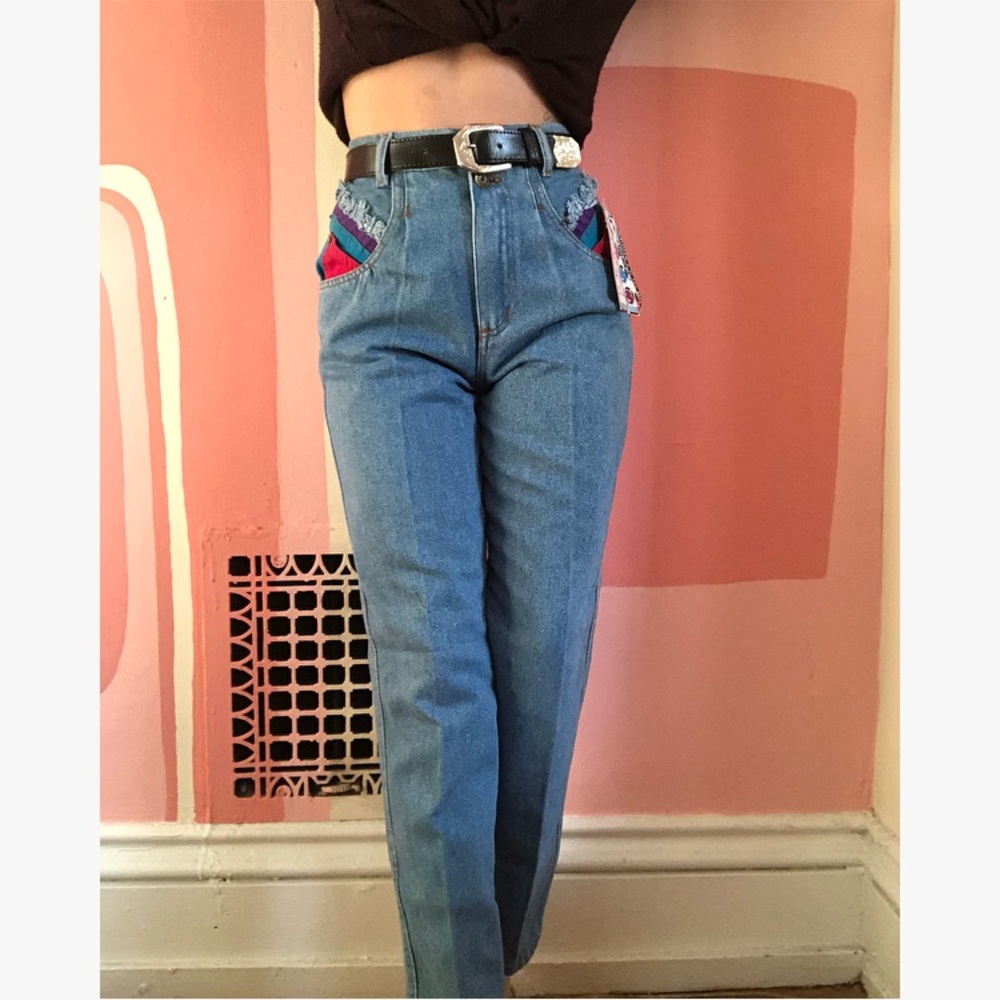 90s Vintage High Waisted Jeans With Patchwork - Picture 2 of 6